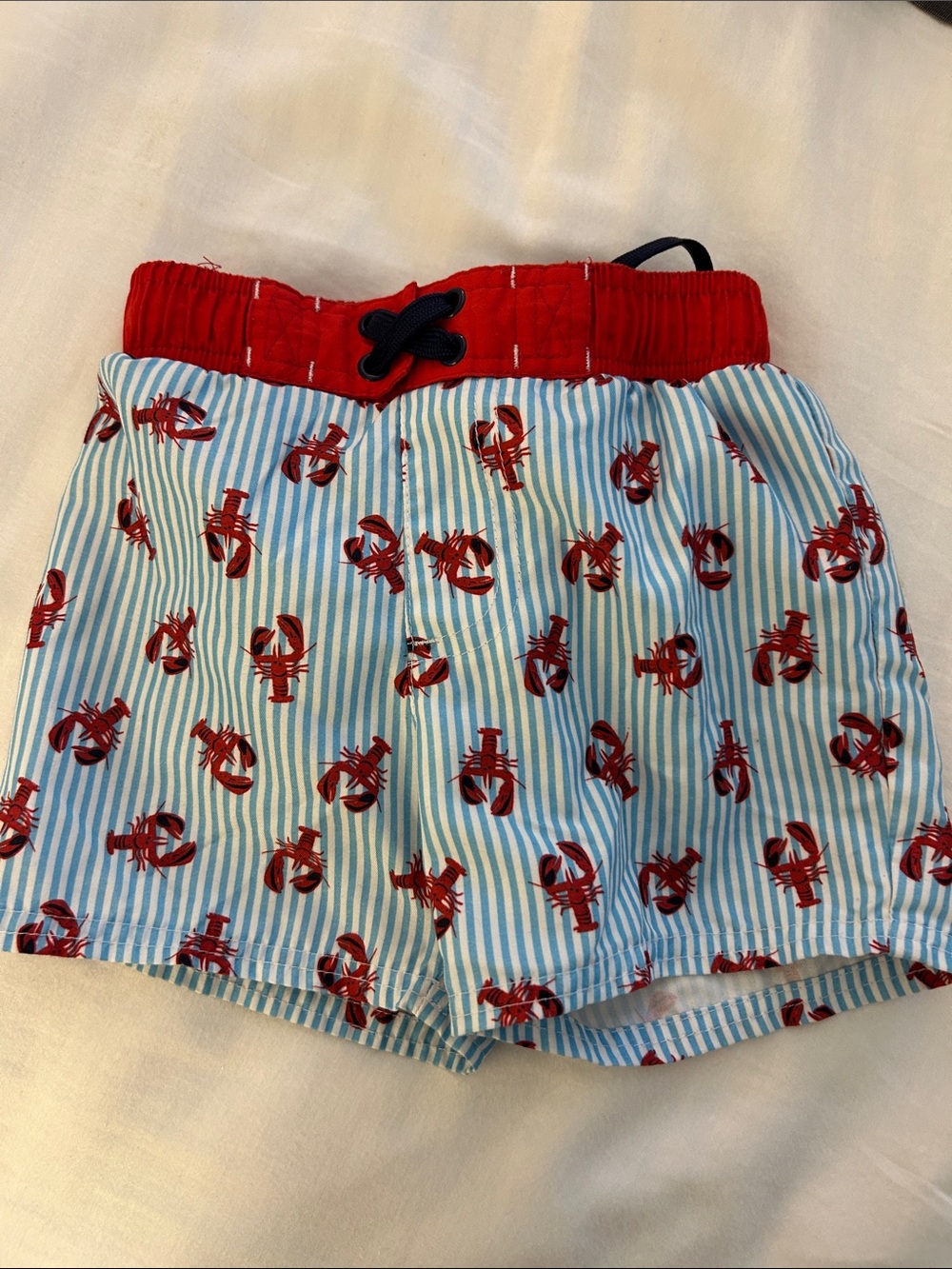 Cat & Jack Boys Blue Striped Swim Trunks with Red Lobster Print